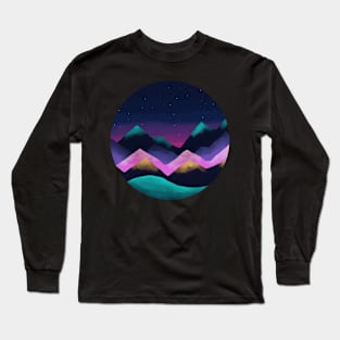 Navy Blue, Teal, Pink & Gold Watercolour Style Mountain Scene at Sunset Long Sleeve T-Shirt